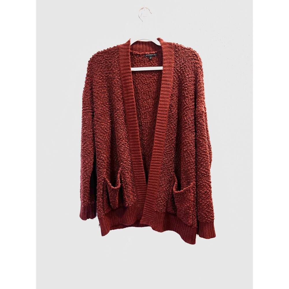 Staccato Cardigan Sweater Womens Sz L Burnt Red Long sleeve Open Front W Pockets